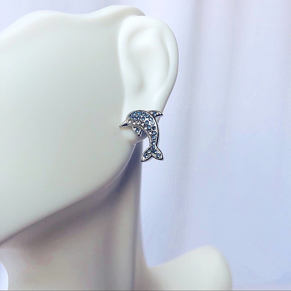 Dolphin crystal rhinestone silver earrings, New